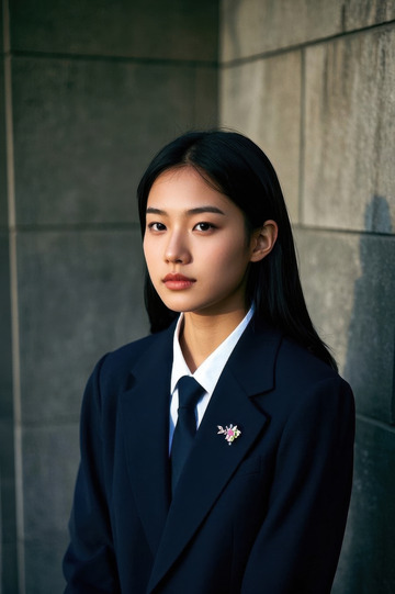 女子身着深色西装凝视前方