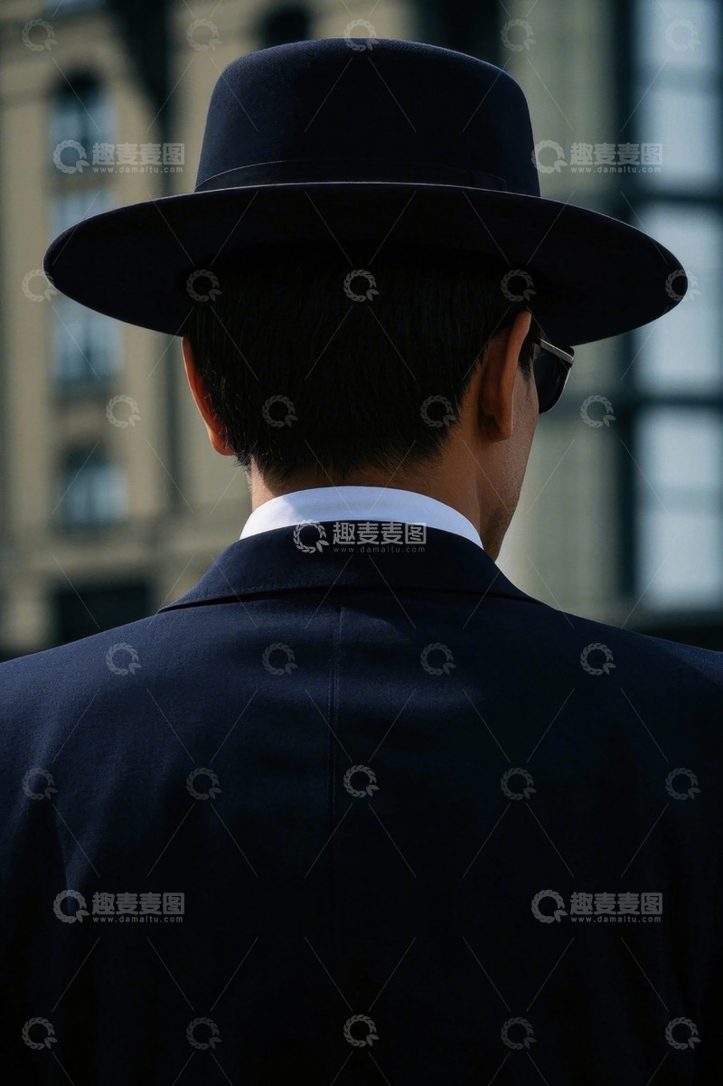 高清大图下载【趣麦麦图】背影黑衣男子戴礼帽眺望远方