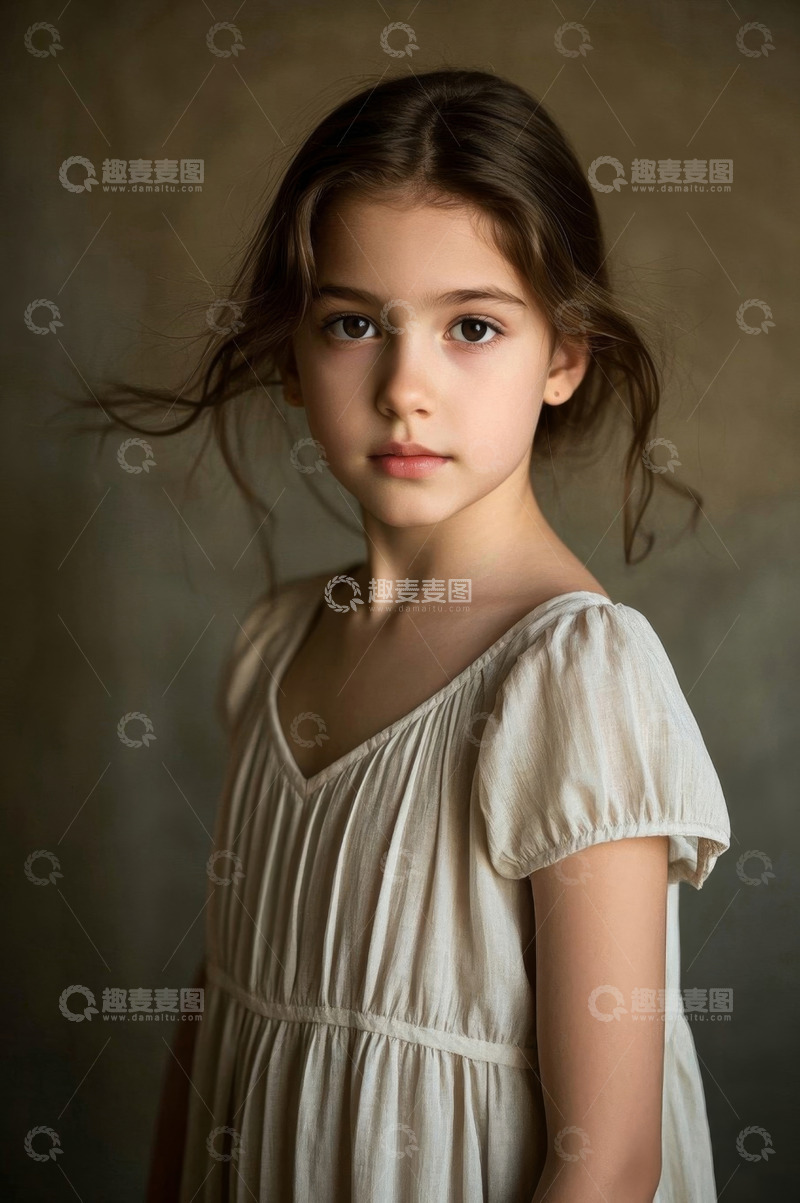 高清大图下载【趣麦麦图】女孩穿着米色连衣裙凝视镜头