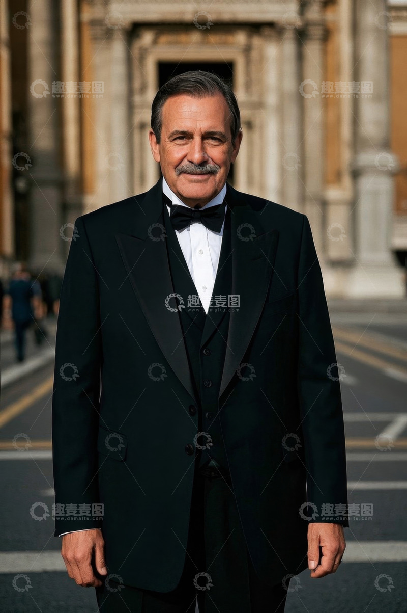 高清大图下载【趣麦麦图】中年男子身穿黑色燕尾服站在古建筑前