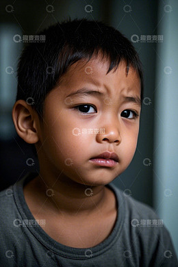 忧郁的小男孩肖像特写