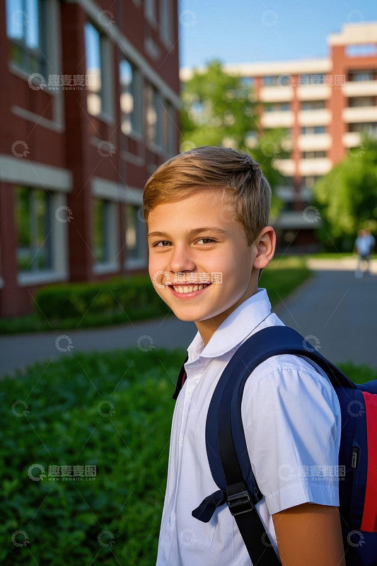 阳光下笑容灿烂的男孩背着书包