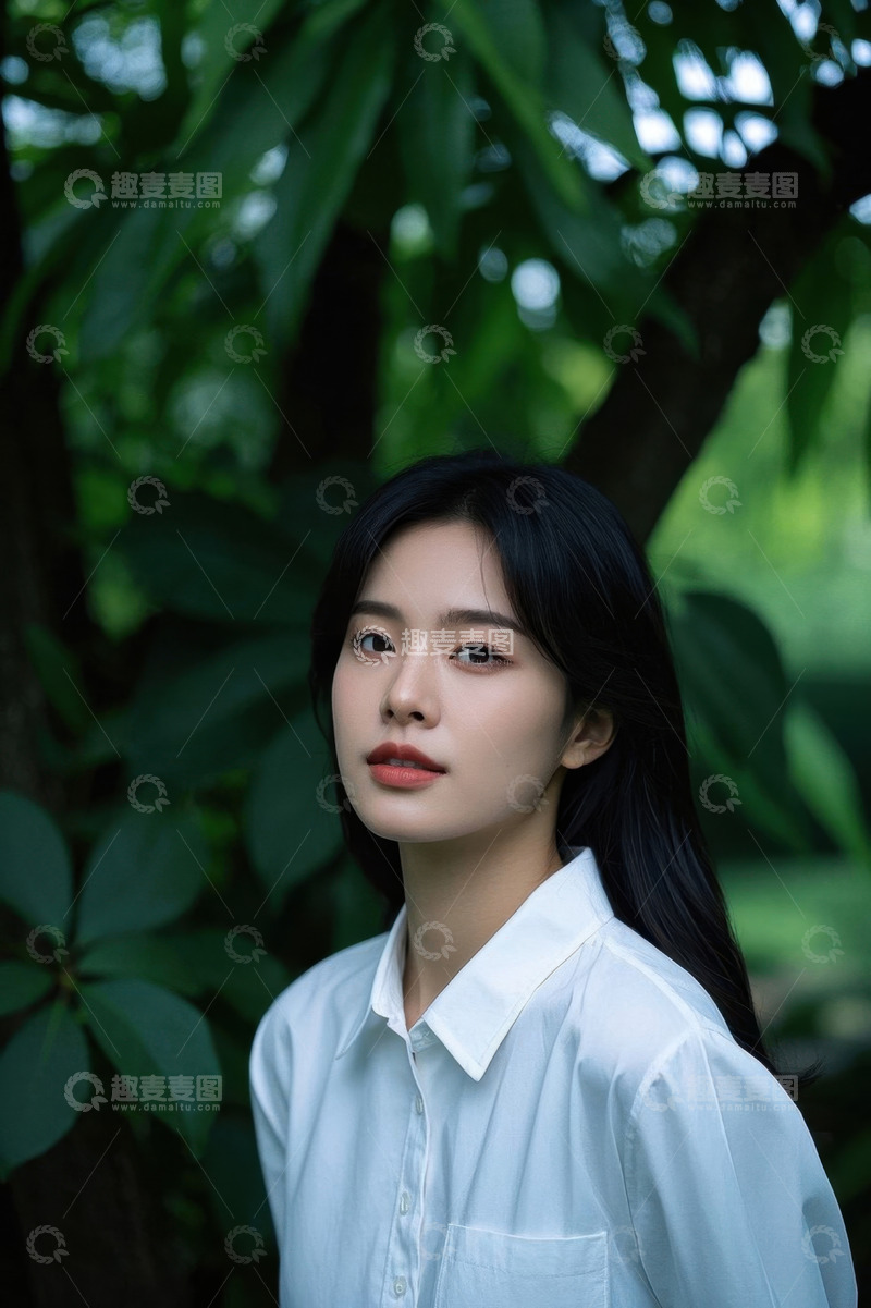 高清大图下载【趣麦麦图】绿叶丛中白衣女子侧颜照