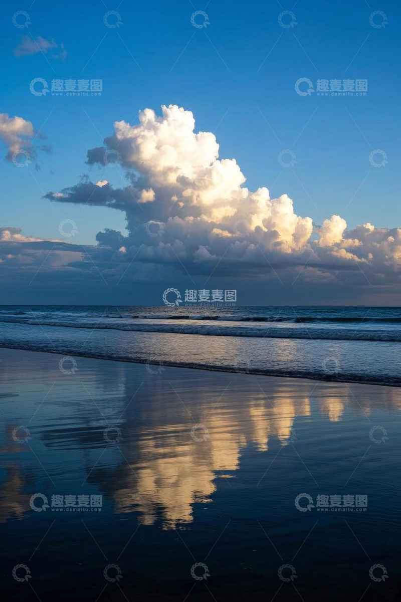 高清大图下载【趣麦麦图】海滩上的云朵与海面倒影