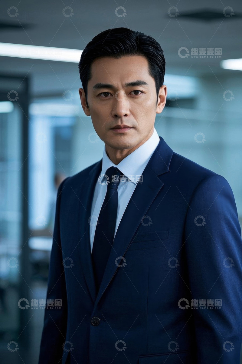 高清大图下载【趣麦麦图】身穿深蓝色西装的亚洲男子肖像