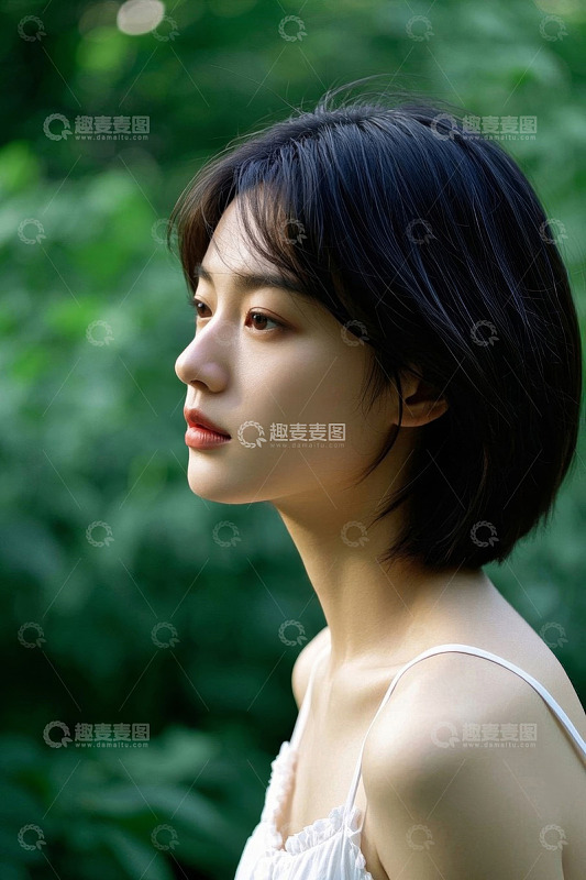 绿意盎然背景下清纯女子侧颜照