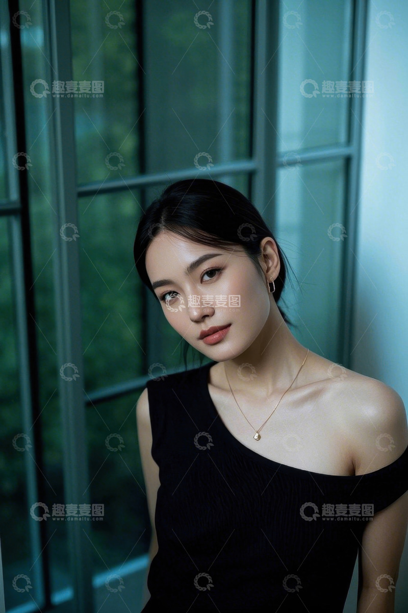 高清大图下载【趣麦麦图】女子侧身凝视镜头黑白写真