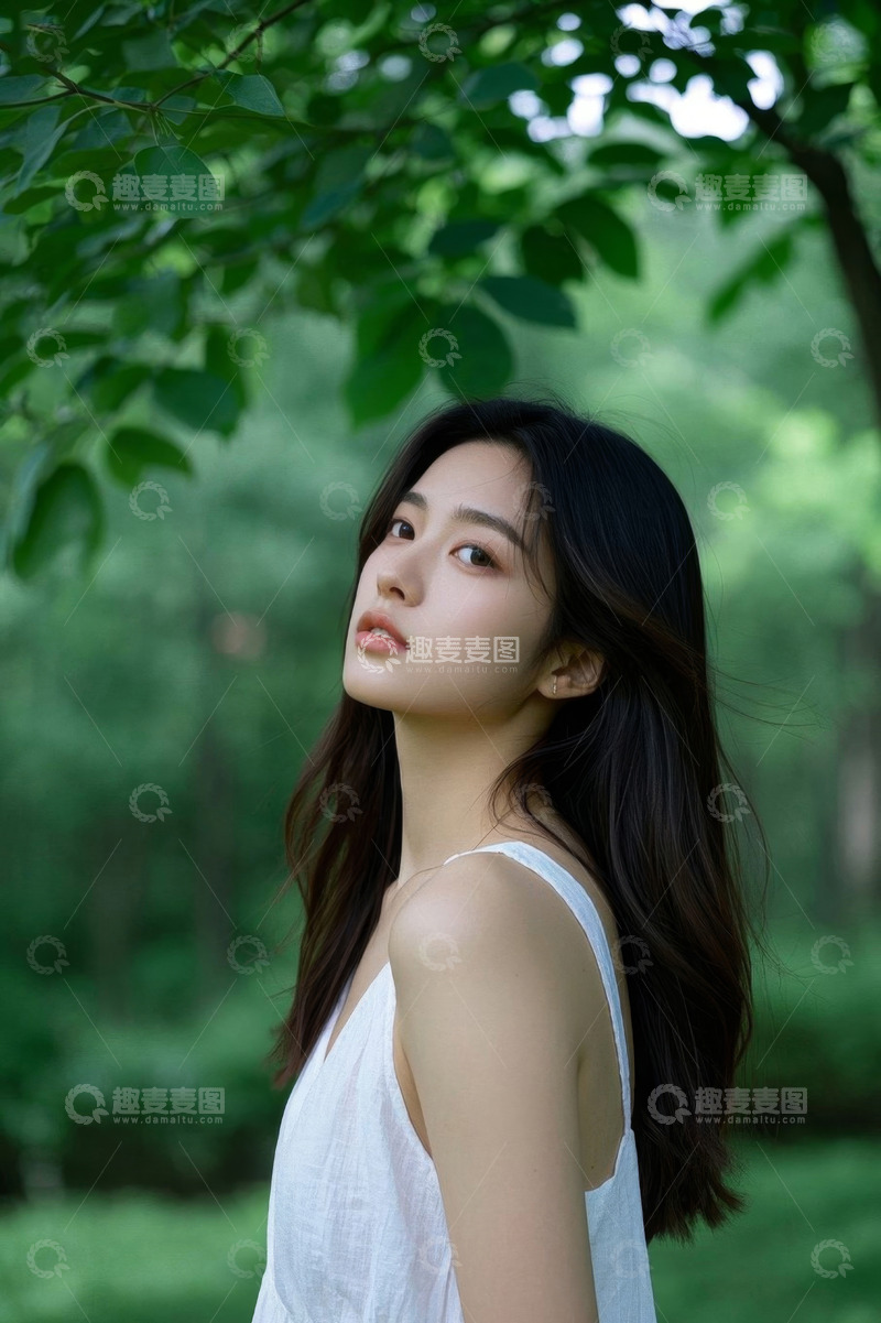 高清大图下载【趣麦麦图】绿荫下优雅女子侧颜照