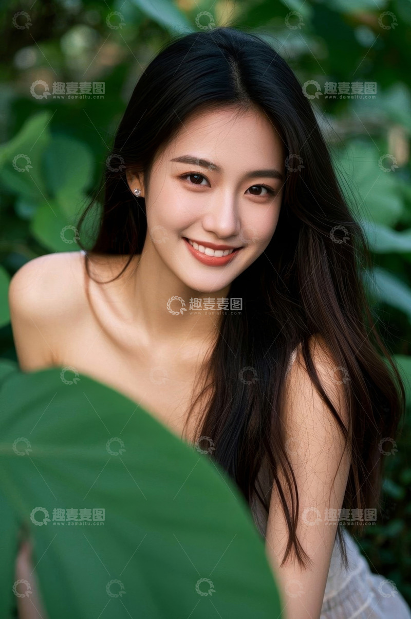 高清大图下载【趣麦麦图】绿叶丛中笑容甜美的年轻女子