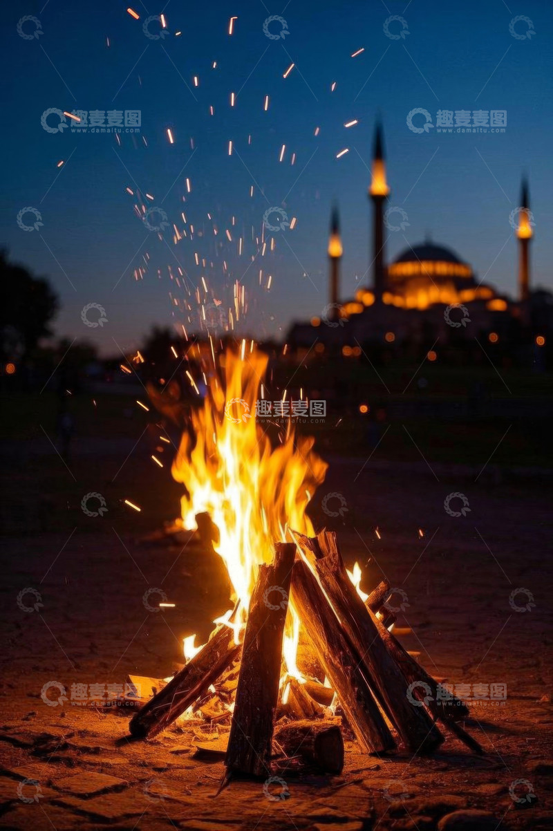 高清大图下载【趣麦麦图】户外篝火及远处建筑夜景
