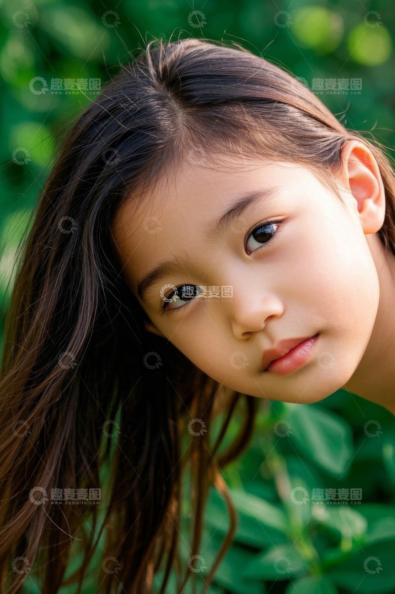 高清大图下载【趣麦麦图】女孩侧颜特写绿叶背景