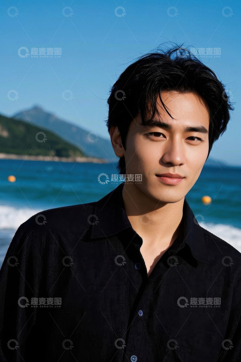 高清大图下载【趣麦麦图】阳光下海边帅气青年男子
