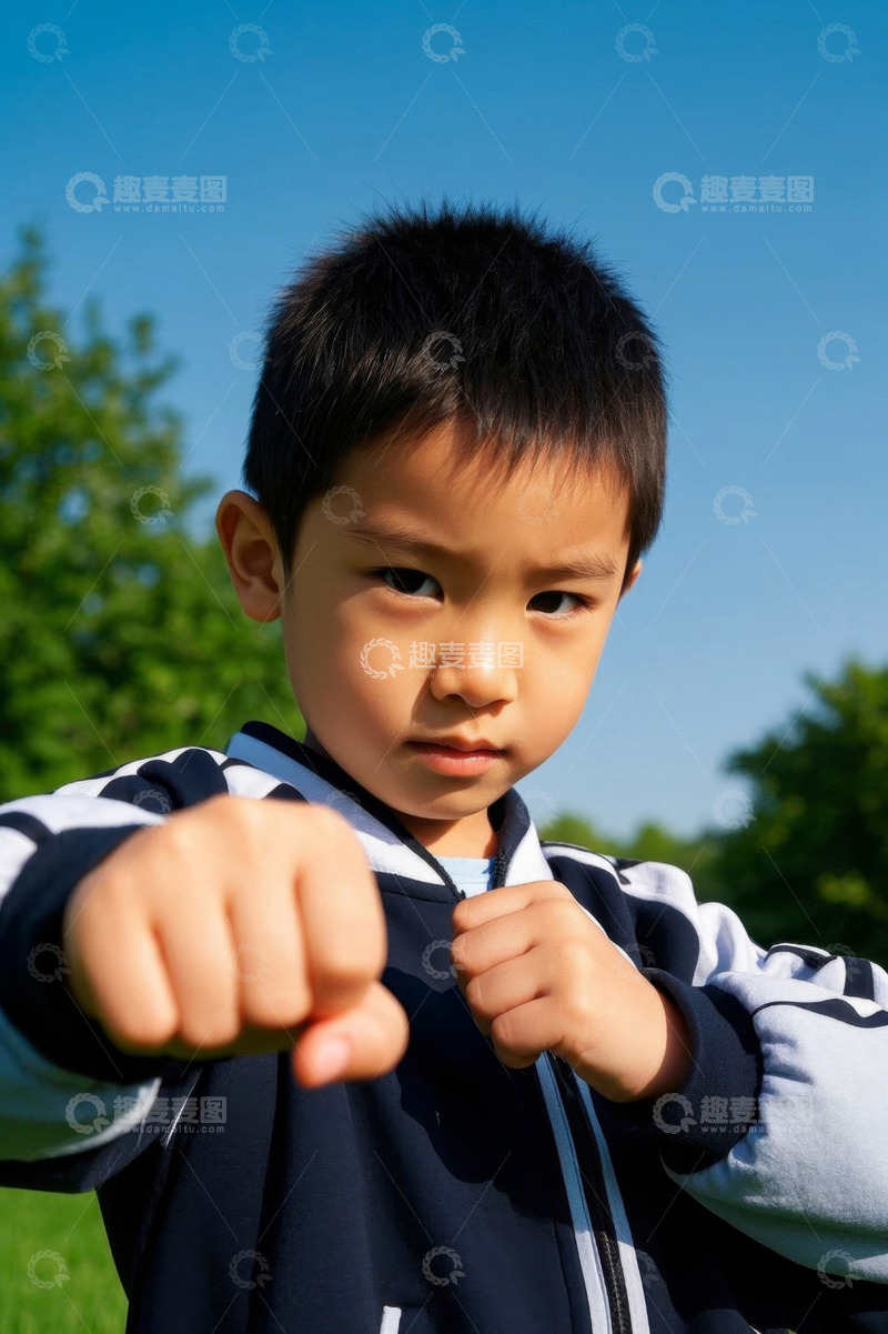 高清大图下载【趣麦麦图】阳光下男孩摆出架势表情严肃