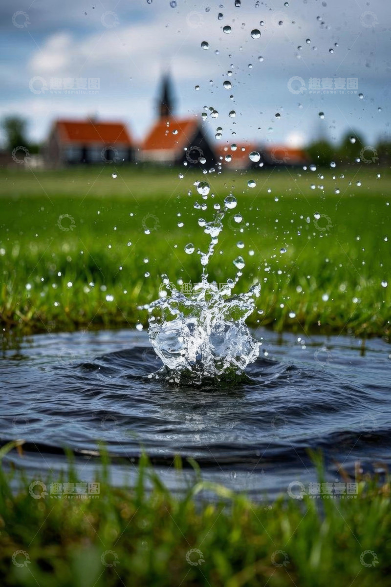 高清大图下载【趣麦麦图】水滴溅落草地与远处建筑景观