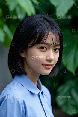 清纯女孩户外写真绿叶背景