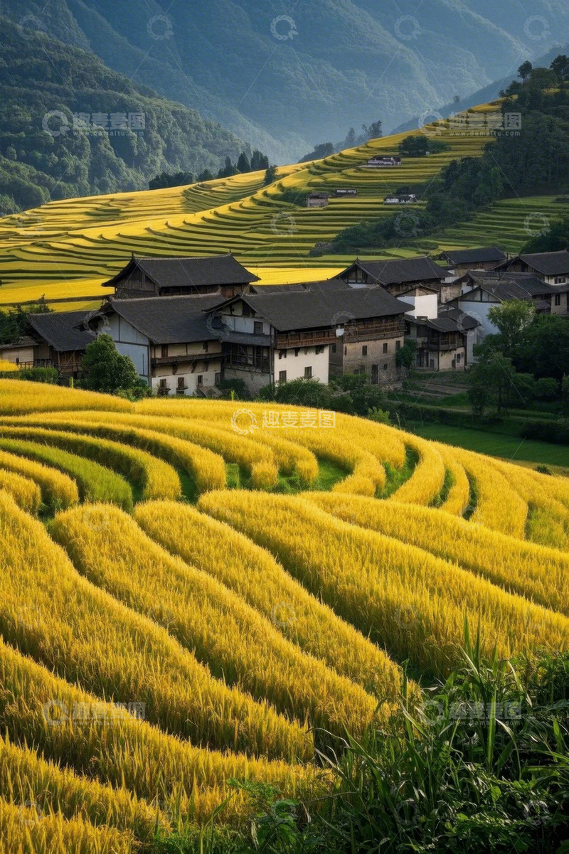 高清大图下载【趣麦麦图】山间村落旁的金黄梯田风光