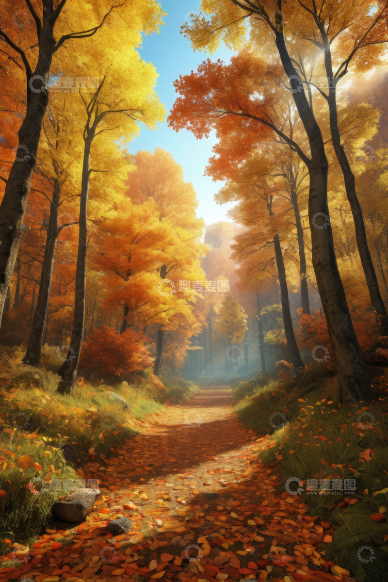 高清大图下载【趣麦麦图】秋日森林中的落叶小径