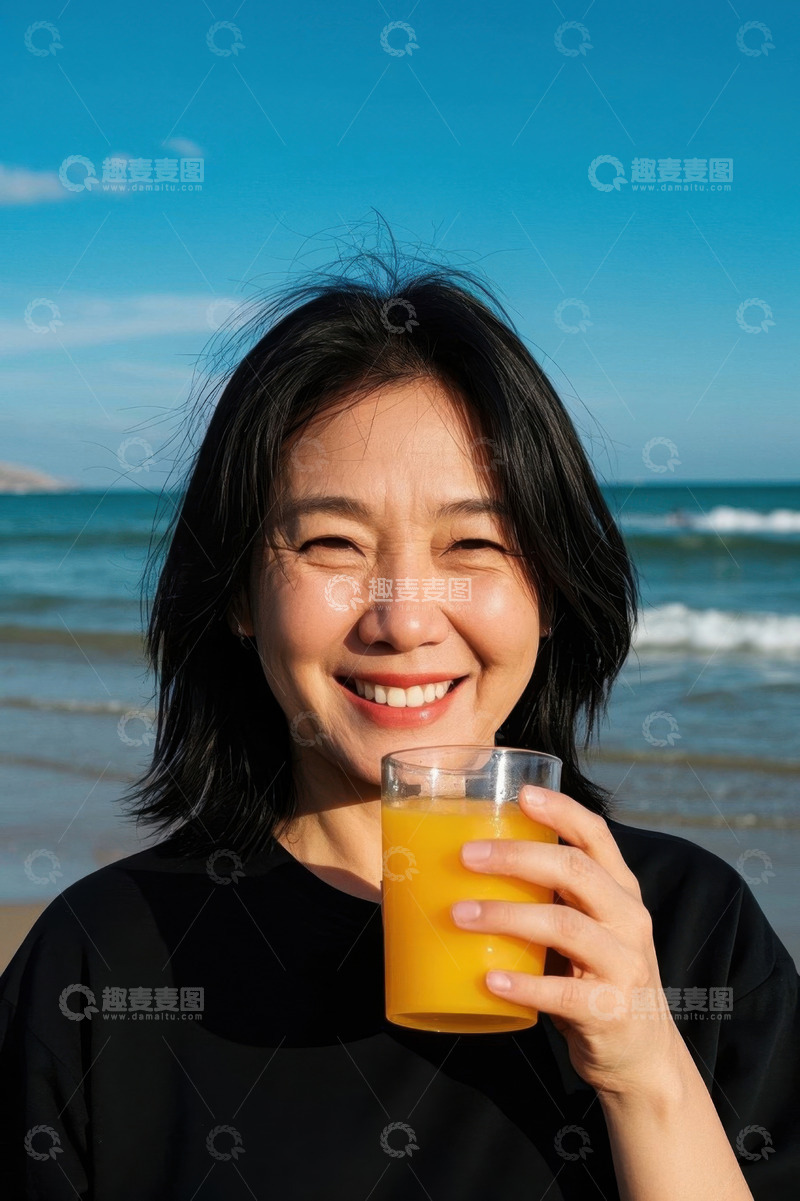 高清大图下载【趣麦麦图】海边喝橙汁的快乐女子