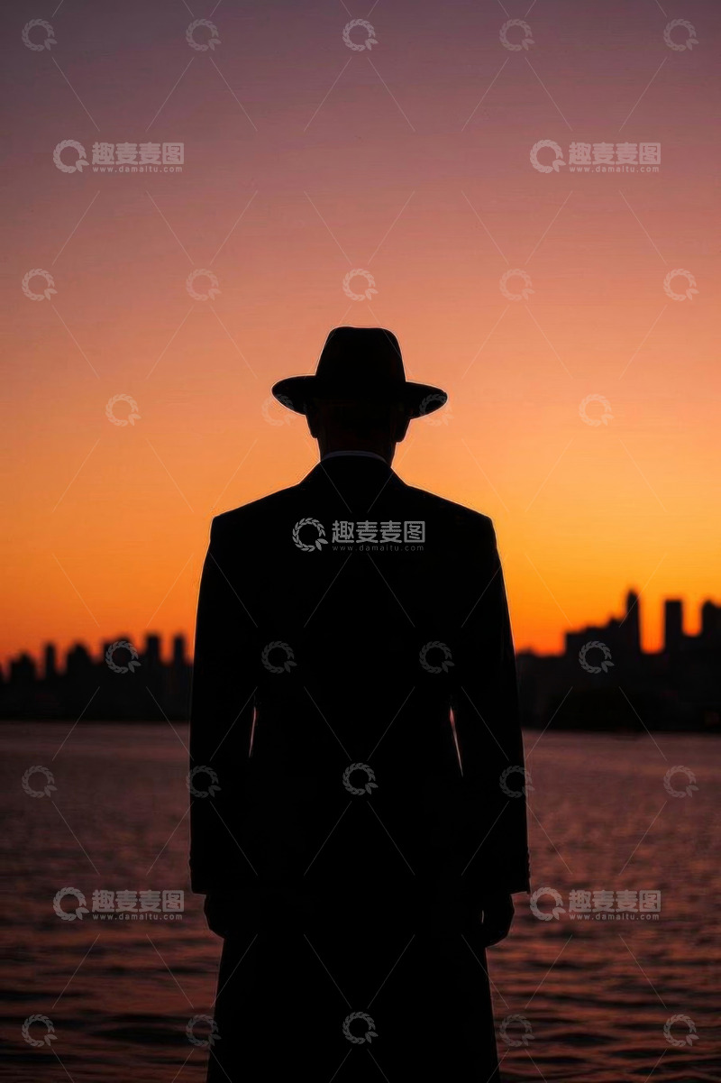 高清大图下载【趣麦麦图】男人夕阳下岸边背影剪影