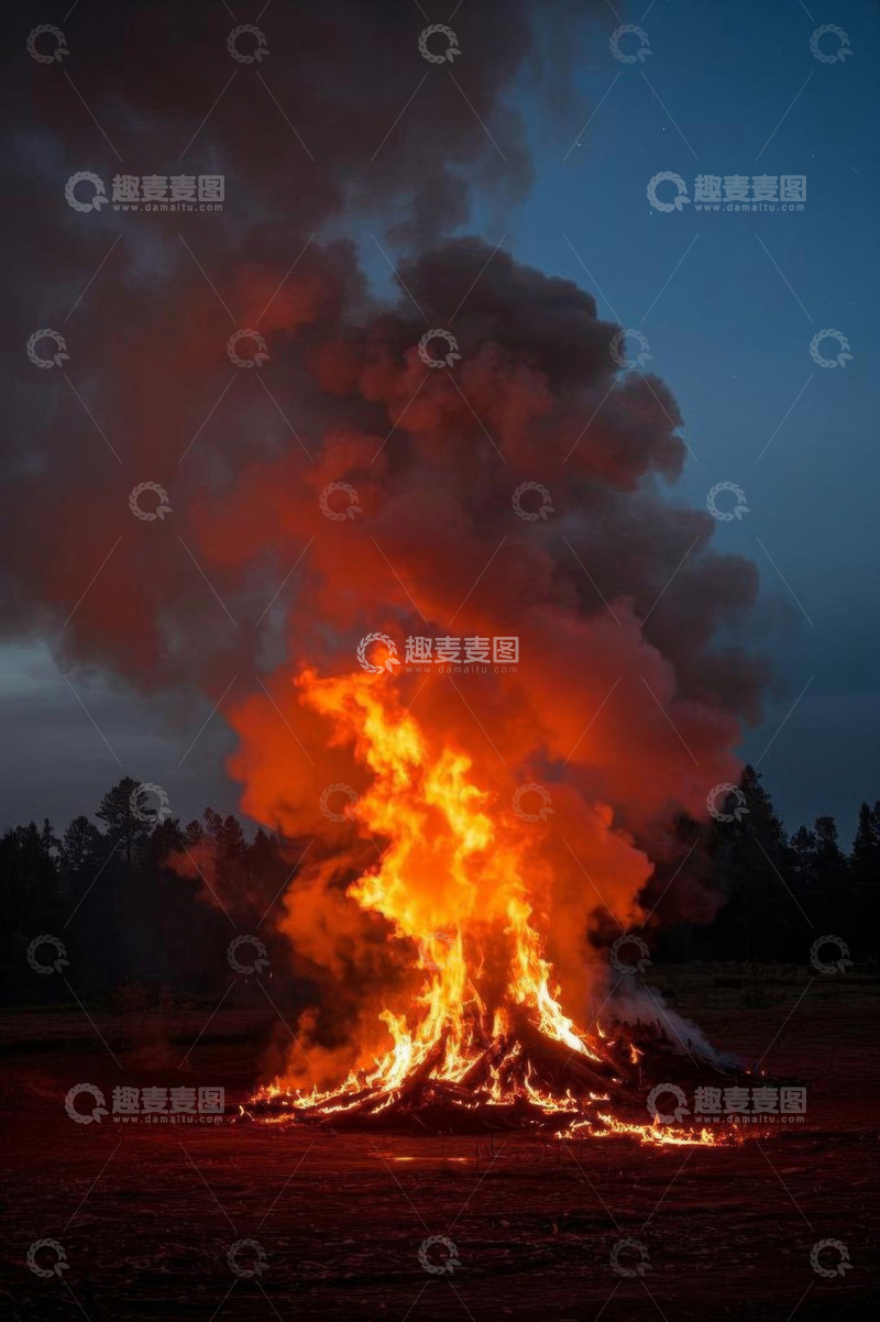 高清大图下载【趣麦麦图】野外熊熊燃烧的篝火夜景