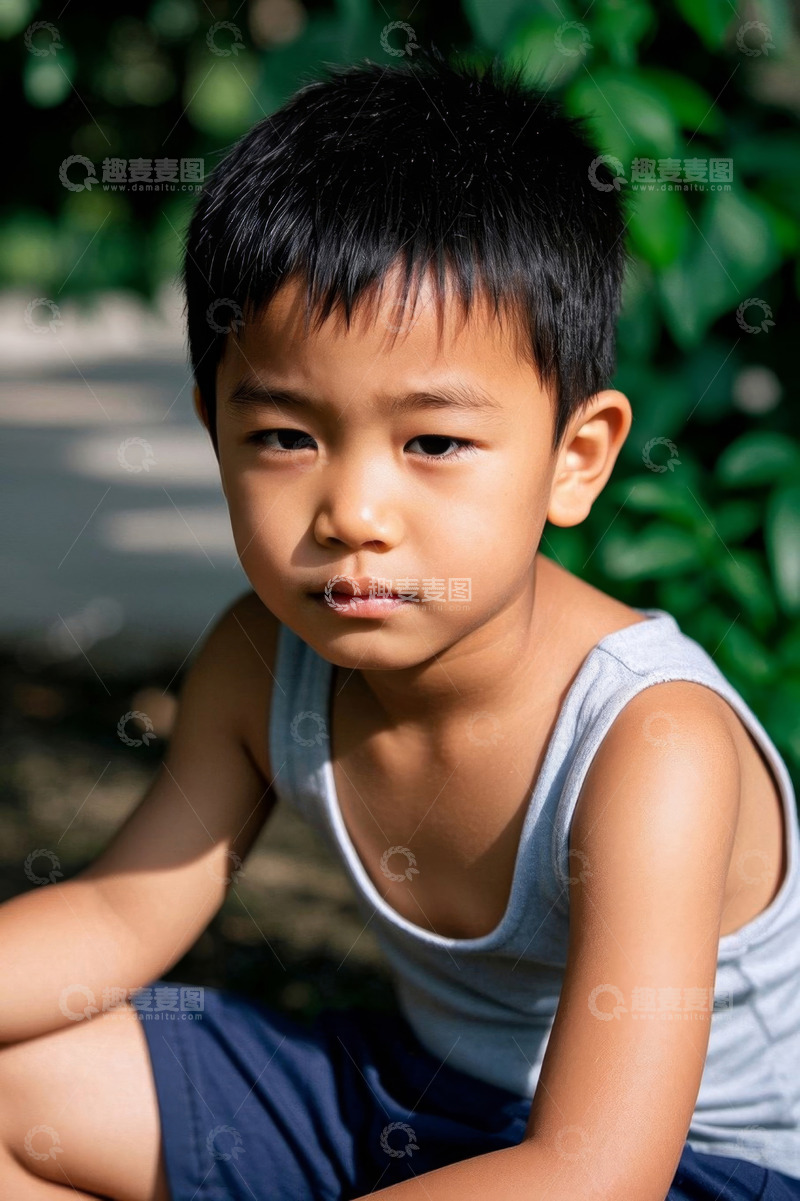 高清大图下载【趣麦麦图】阳光下，男孩安静地坐着