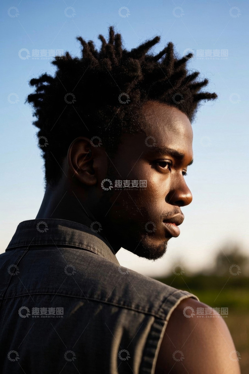 高清大图下载【趣麦麦图】侧颜阳光下非洲裔男子肖像