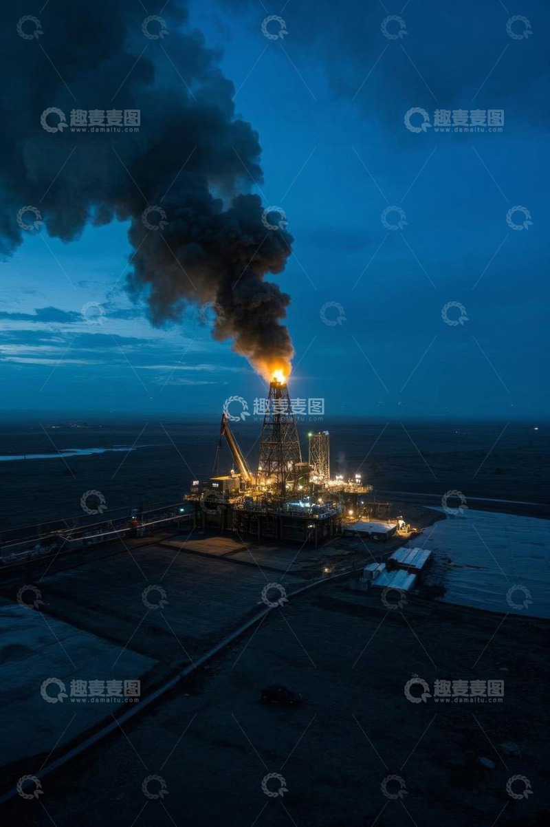 高清大图下载【趣麦麦图】夜晚石油钻井平台作业场景
