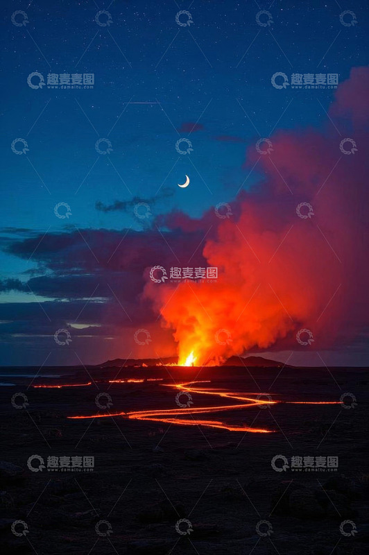 月夜下的火山喷发景象