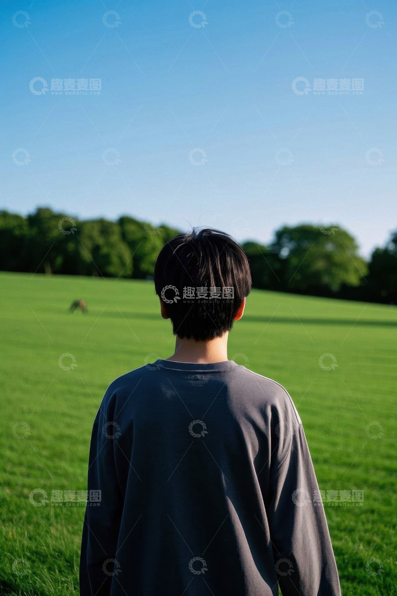 高清大图下载【趣麦麦图】少年背影凝望绿地远方