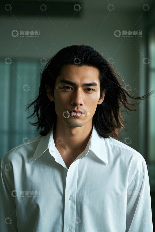 长发男子身穿白衬衫肖像照