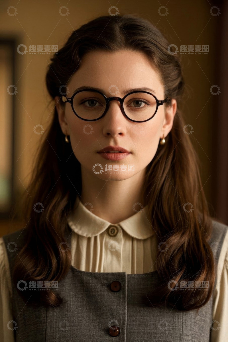 高清大图下载【趣麦麦图】复古眼镜女孩肖像照文静优雅