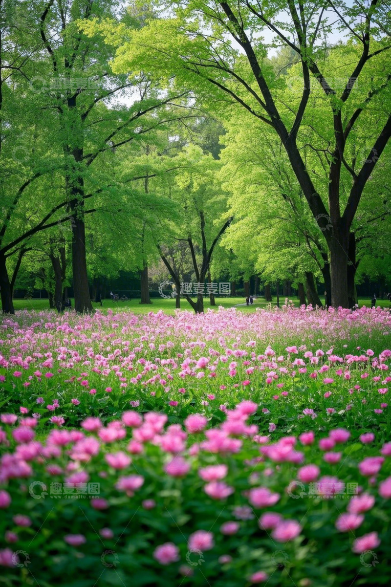 高清大图下载【趣麦麦图】公园春季粉色花海与绿树景观