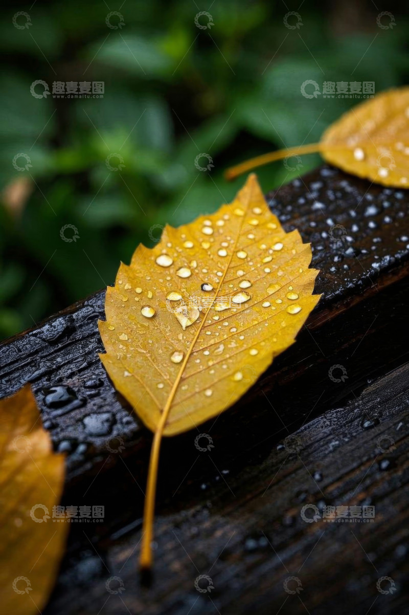高清大图下载【趣麦麦图】木板上带水珠的黄色落叶