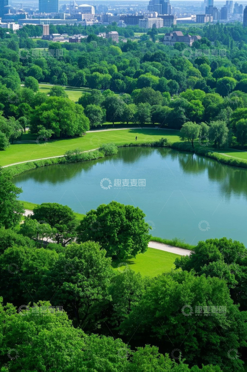 高清大图下载【趣麦麦图】城市公园湖泊绿植俯瞰景观