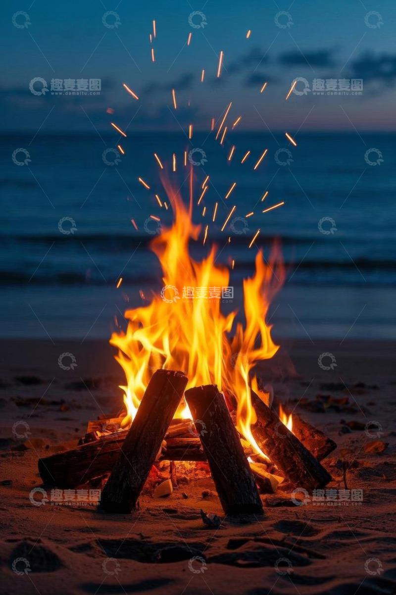 高清大图下载【趣麦麦图】海滩篝火夜景画面