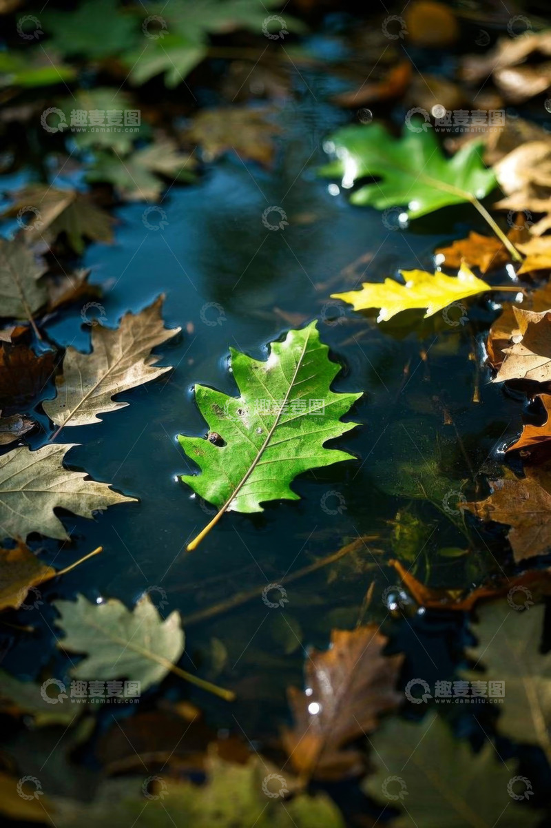 高清大图下载【趣麦麦图】水面漂浮着多彩秋叶