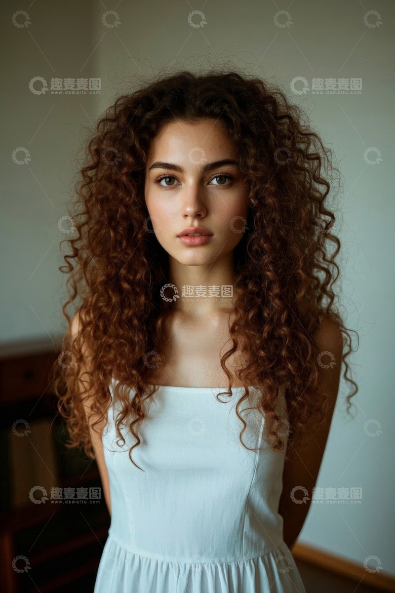 高清大图下载【趣麦麦图】卷发女孩穿着白色连衣裙