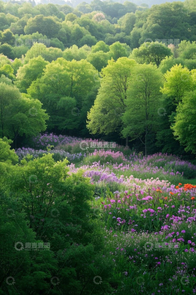 高清大图下载【趣麦麦图】森林中盛开的多彩花卉景观