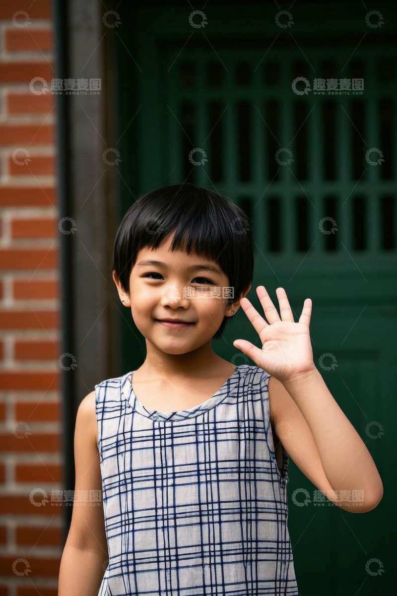 高清大图下载【趣麦麦图】小女孩穿着格子衫挥手问好