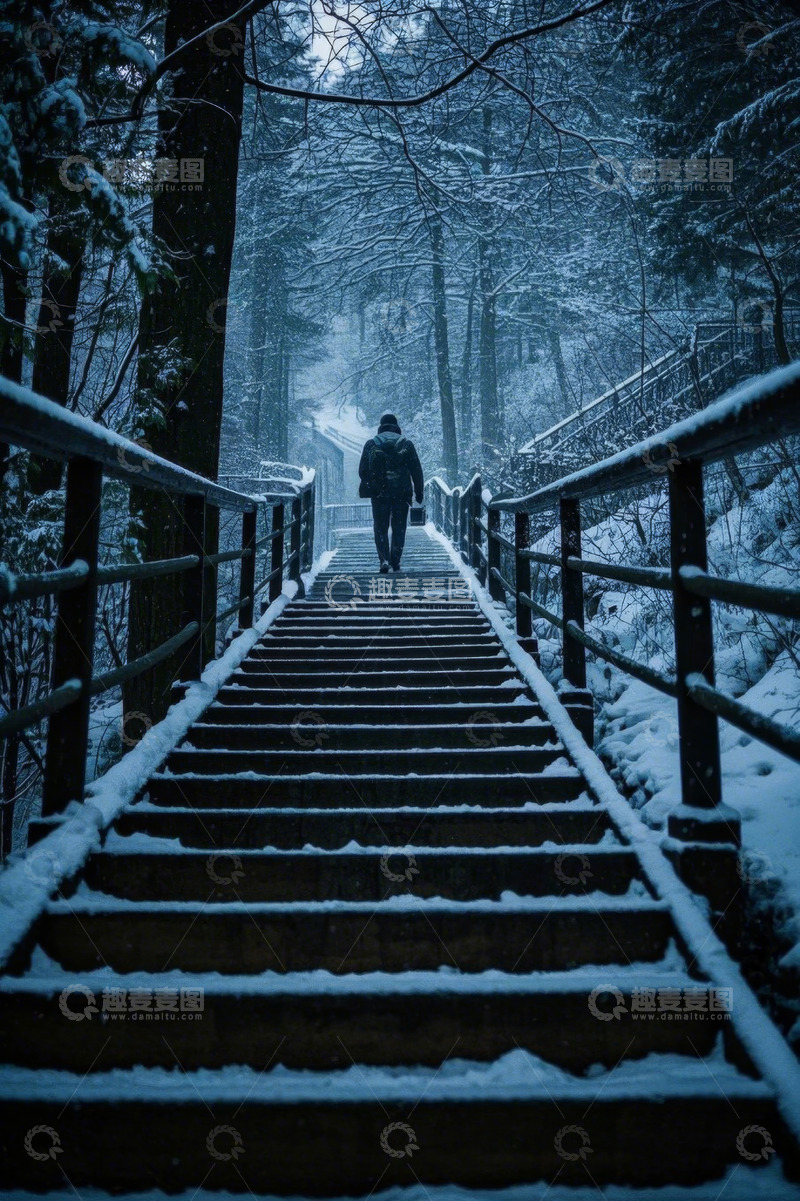 高清大图下载【趣麦麦图】雪中行人漫步林间木梯