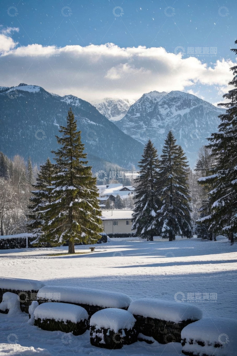 高清大图下载【趣麦麦图】雪后山林与远山景观