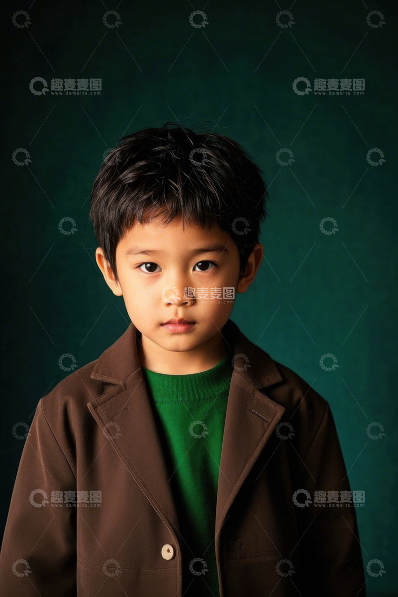 高清大图下载【趣麦麦图】深色背景下穿着棕色外套的男孩