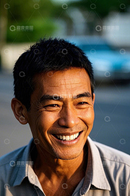 阳光下微笑的亚洲中年男子
