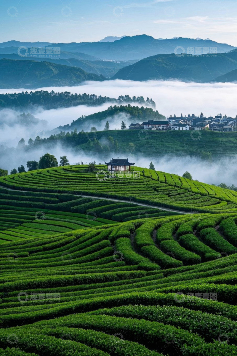 高清大图下载【趣麦麦图】山间茶园与云雾中的村落