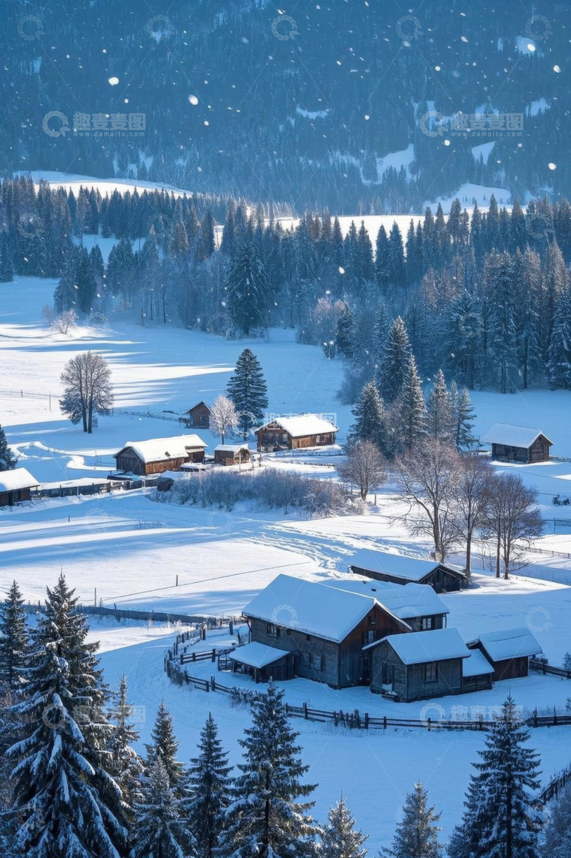 高清大图下载【趣麦麦图】雪中山村静谧雪景