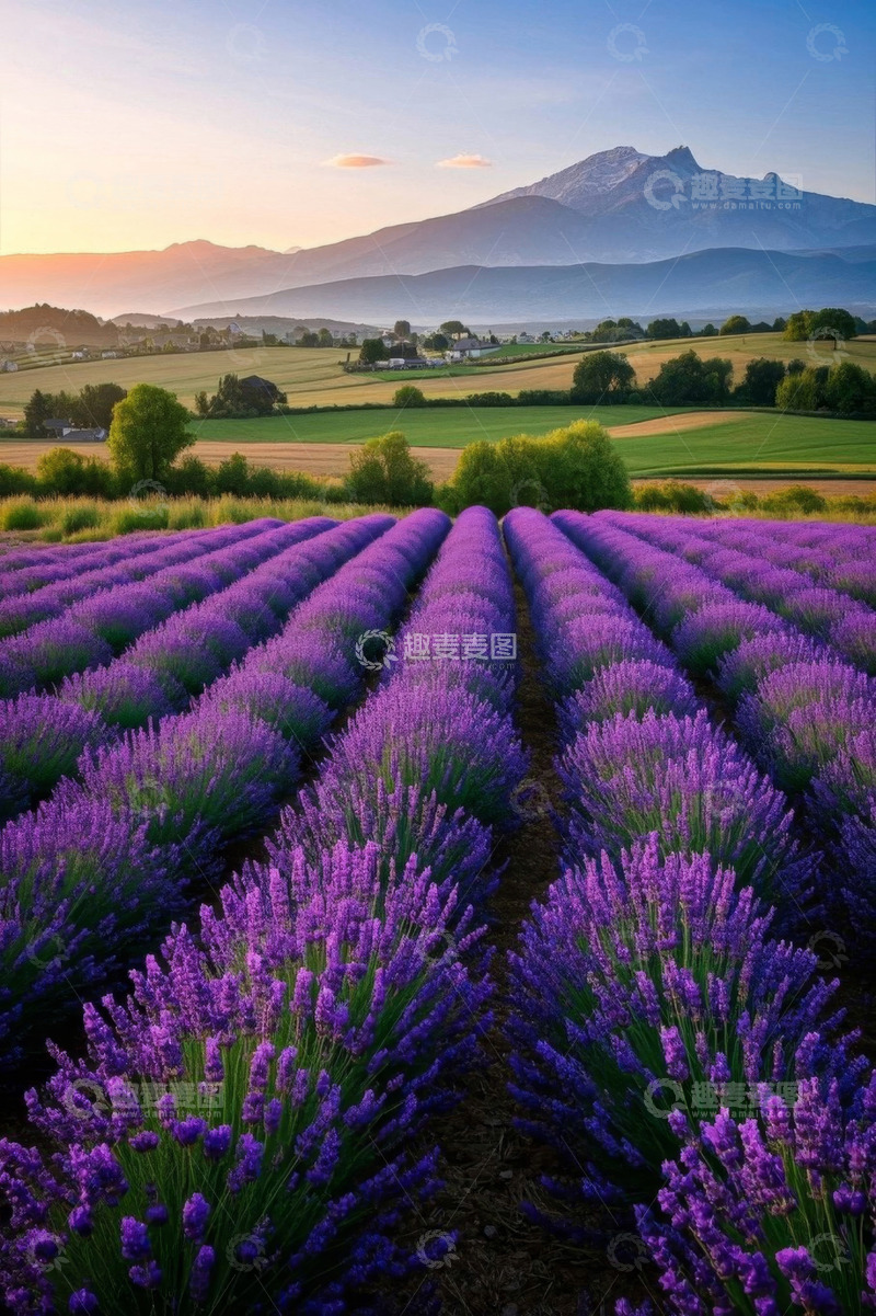高清大图下载【趣麦麦图】薰衣草田与远山风景