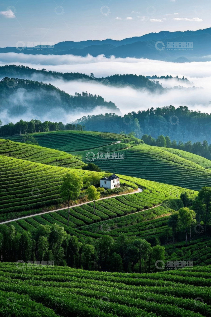 高清大图下载【趣麦麦图】山间云雾缭绕的绿色茶园景观