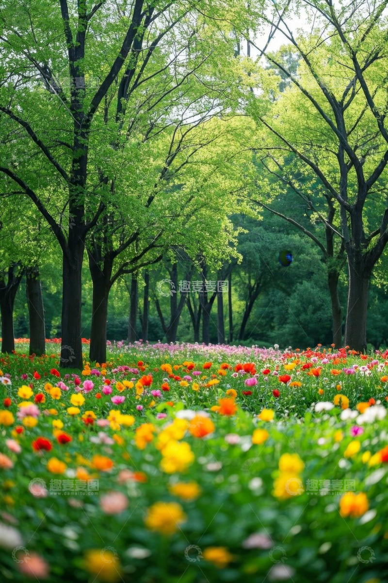 高清大图下载【趣麦麦图】公园中多彩花卉与绿树景观