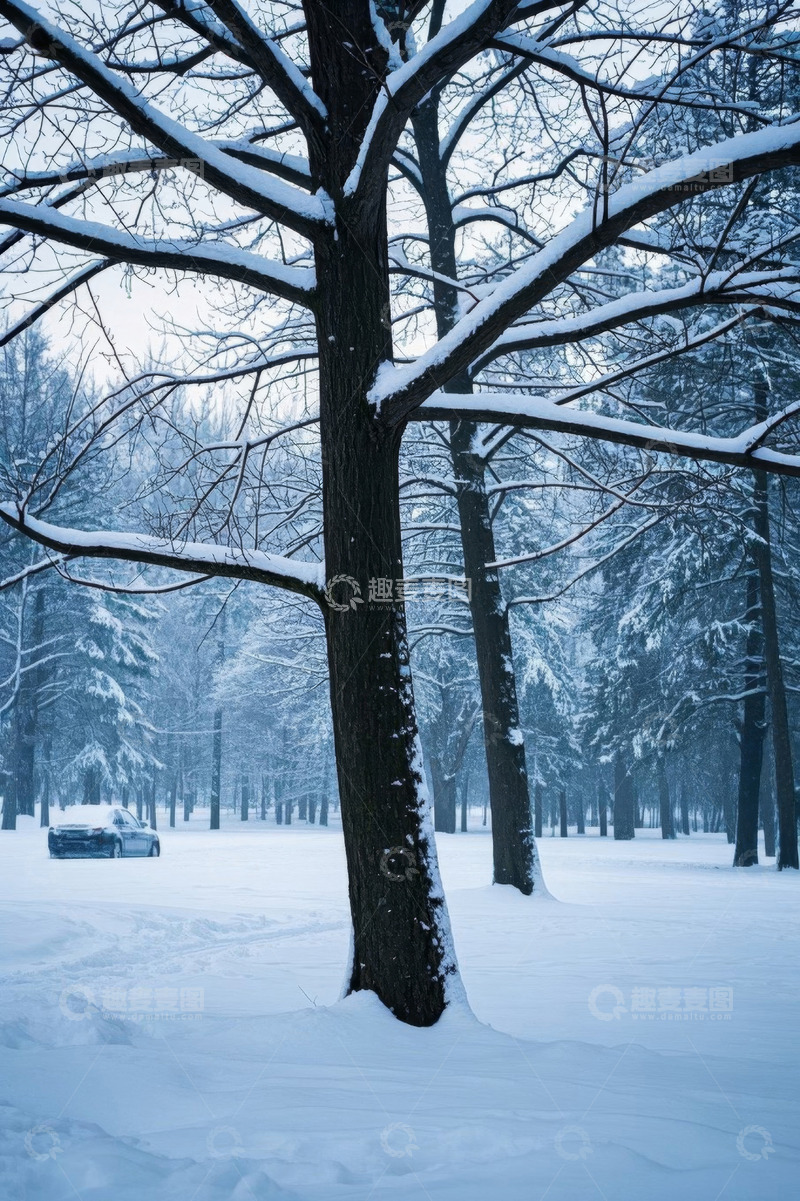 高清大图下载【趣麦麦图】冬日雪覆树林与汽车景象