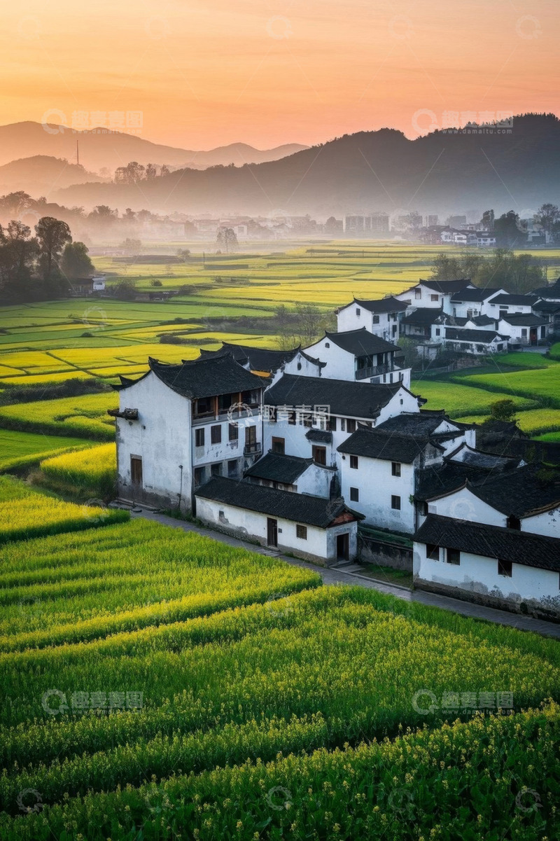 高清大图下载【趣麦麦图】乡村油菜花田与民居景观
